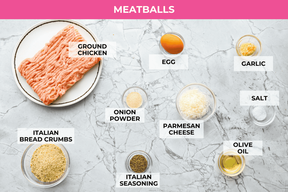 With creamy Tuscan flavors, these Marry Me Meatballs are an instant crowd favorite! It doesn't get much better than Italian seasoned chicken meatballs nestled in a creamy, cheesy sauce with sun-dried tomatoes and fresh herbs. Overhead shot of marry me meatball ingredients.