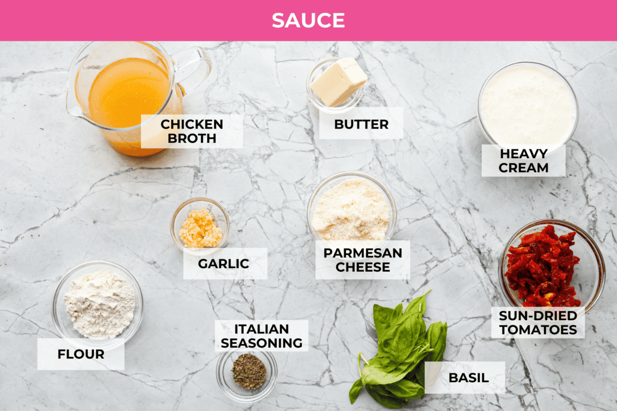 With creamy Tuscan flavors, these Marry Me Meatballs are an instant crowd favorite! It doesn't get much better than Italian seasoned chicken meatballs nestled in a creamy, cheesy sauce with sun-dried tomatoes and fresh herbs. Overhead shot of marry me sauce ingredients.