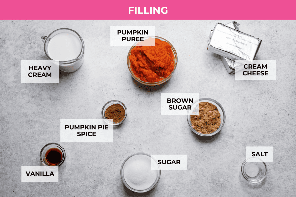 Delicious no-bake pumpkin cheesecake topped off with whipped cream is the perfect fall dessert. It has a creamy cheesecake filling with real pumpkin puree that sits in an irresistible Biscoff cookie crust.ย Itโs easy to make, rich and perfectly spiced! Overhead shot of labeled cheesecake filling ingredients.