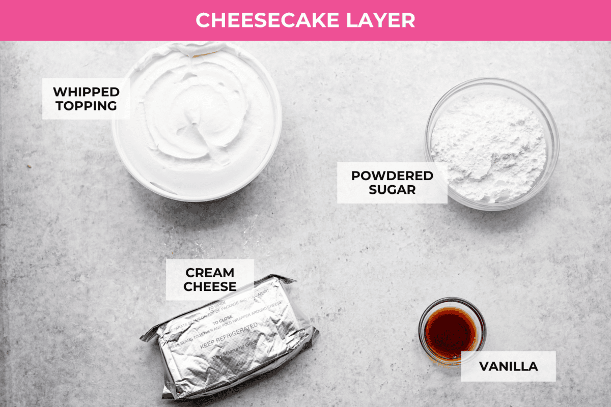 Fall in love with this Pumpkin Delight! A shortbread crust topped with a fluffy cheesecake mixture, a creamy pumpkin layer, and whipped topping. Every bite of this irresistible layered dessert is pumpkin heaven! Ingredients listed to make the cheesecake layer.