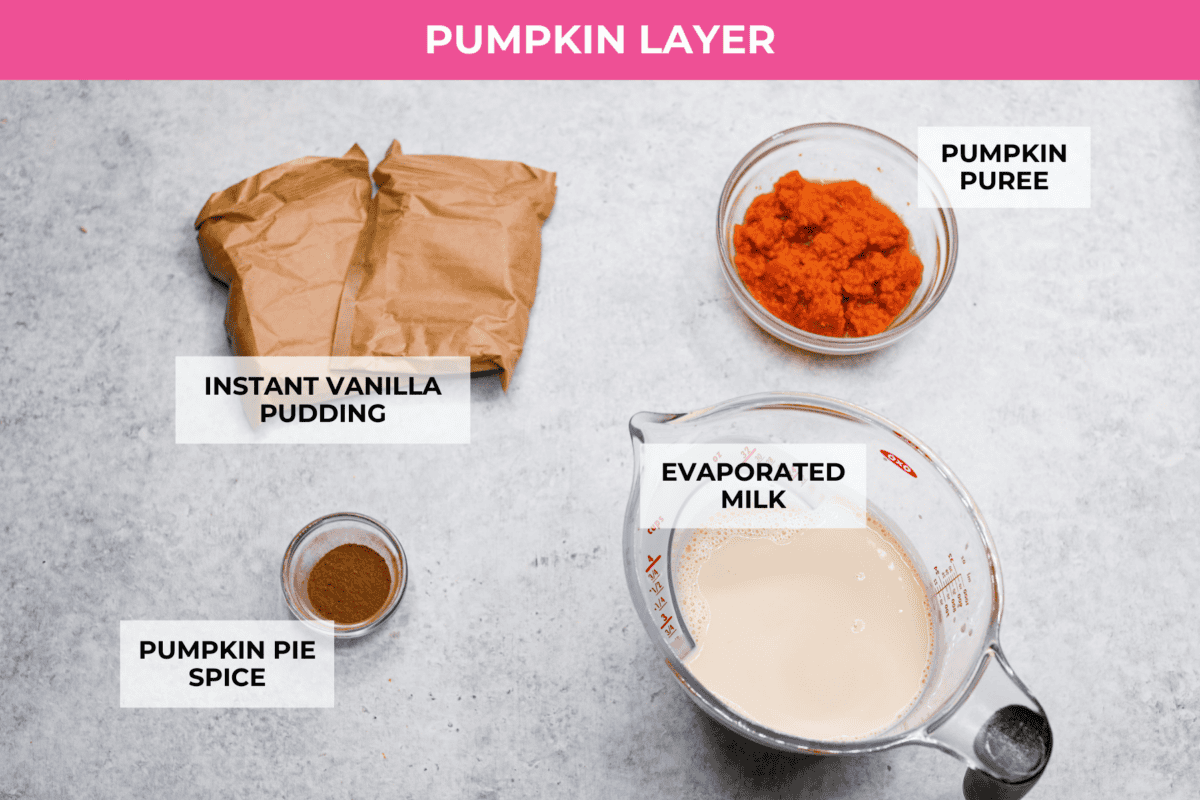 Fall in love with this Pumpkin Delight! A shortbread crust topped with a fluffy cheesecake mixture, a creamy pumpkin layer, and whipped topping. Every bite of this irresistible layered dessert is pumpkin heaven! Ingredients listed to make the pumpkin layer.