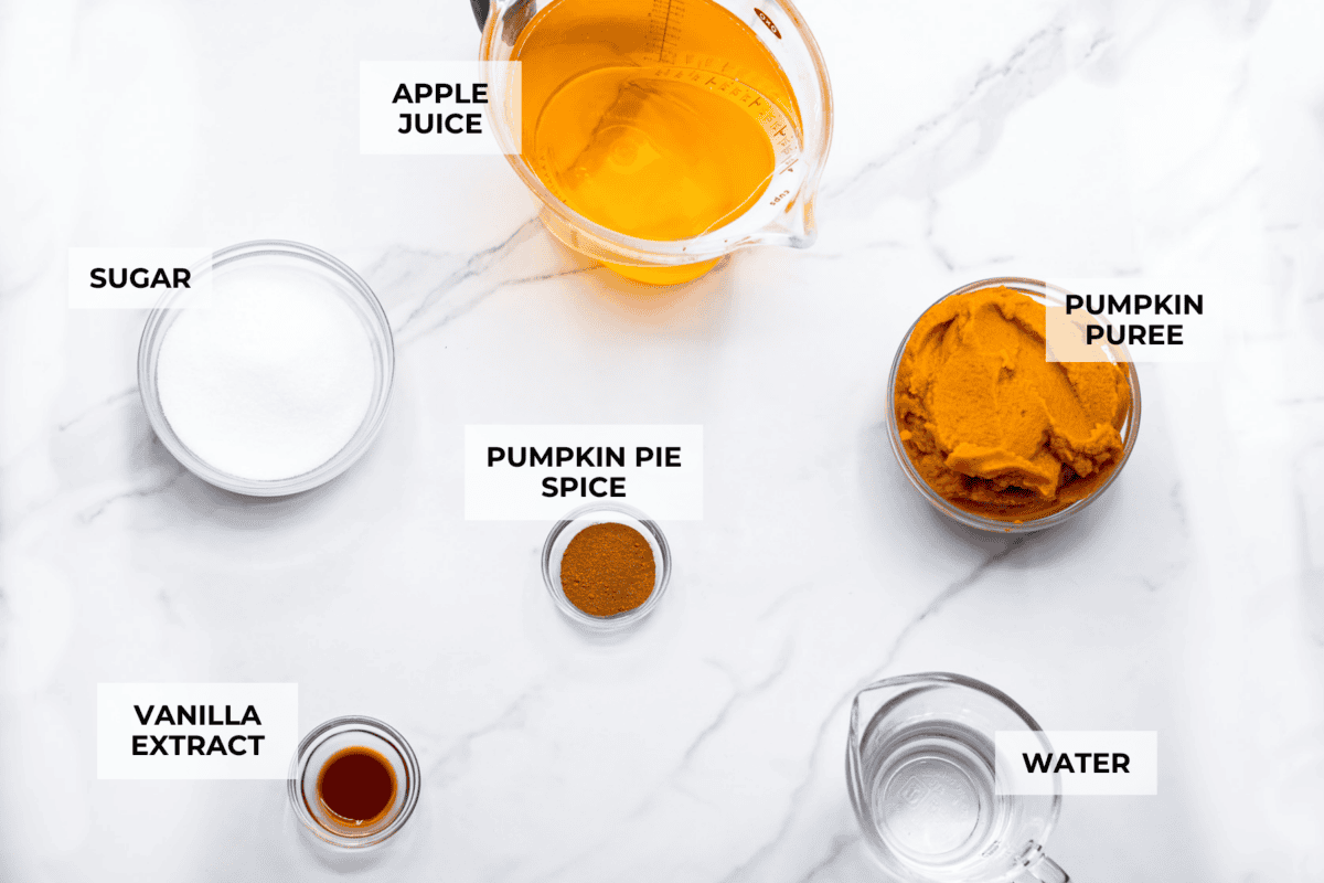 Thisย Harry Potterย Pumpkin Juice will transport you to a magical ride on the Hogwarts Express or eating lunch with your friends in the great hall. Bursting with warm, cozy fall flavor, you will love feeling part of the wizarding world of Harry Potter with this magical drink. Overhead shot of labeled ingredients.