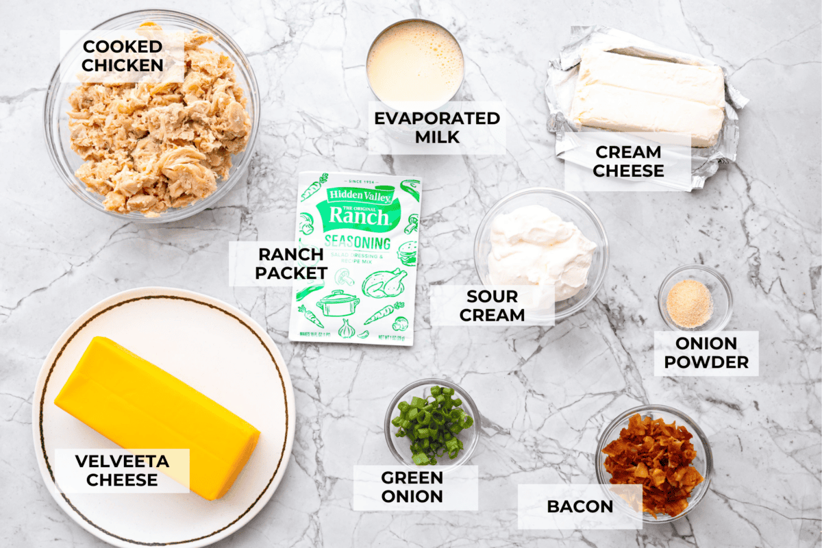 Get ready to be obsessed with this slow cooker crack chicken dip! The combination of chicken, cream cheese, Velveeta, bacon, and ranch seasoning creates an addicting snack that's perfect for holiday gatherings, game days, and parties! Overhead shot of labeled ingredients.