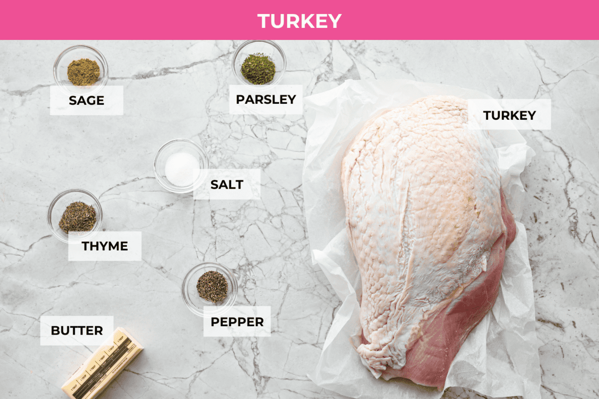 Make Turkey Roulade your new Thanksgiving tradition! Boneless turkey breast gets flattened and rolled with sausage stuffing inside. The turkey turns out incredibly moist and is infused with your favorite Thanksgiving flavors. It takes far less time than traditional turkey and will make Thanksgiving day easy and delicious! Ingredients labeled to prep the turkey for the turkey roulade.