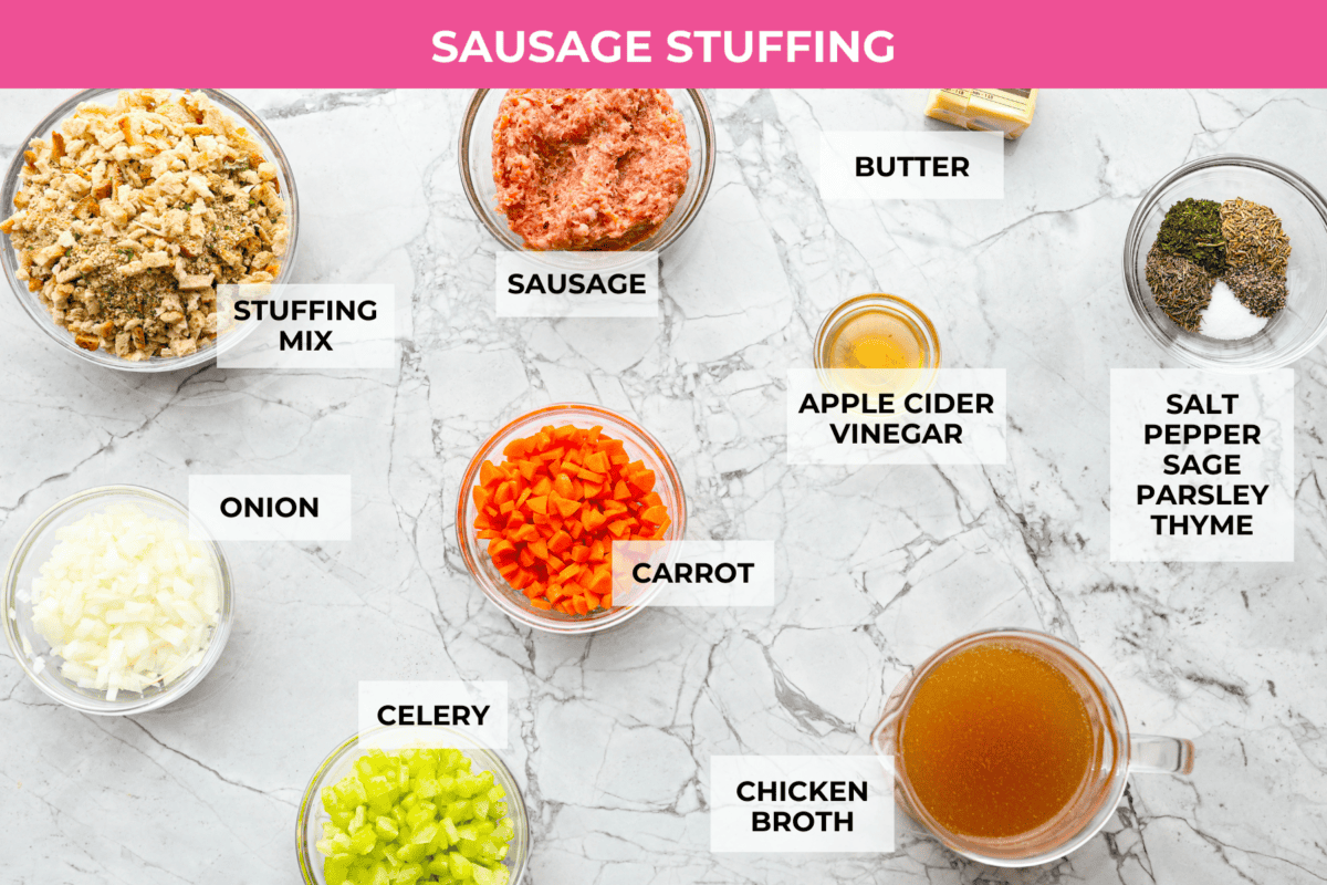 Make Turkey Roulade your new Thanksgiving tradition! Boneless turkey breast gets flattened and rolled with sausage stuffing inside. The turkey turns out incredibly moist and is infused with your favorite Thanksgiving flavors. It takes far less time than traditional turkey and will make Thanksgiving day easy and delicious! Ingredients listed to make the sausage stuffing for turkey roulade.