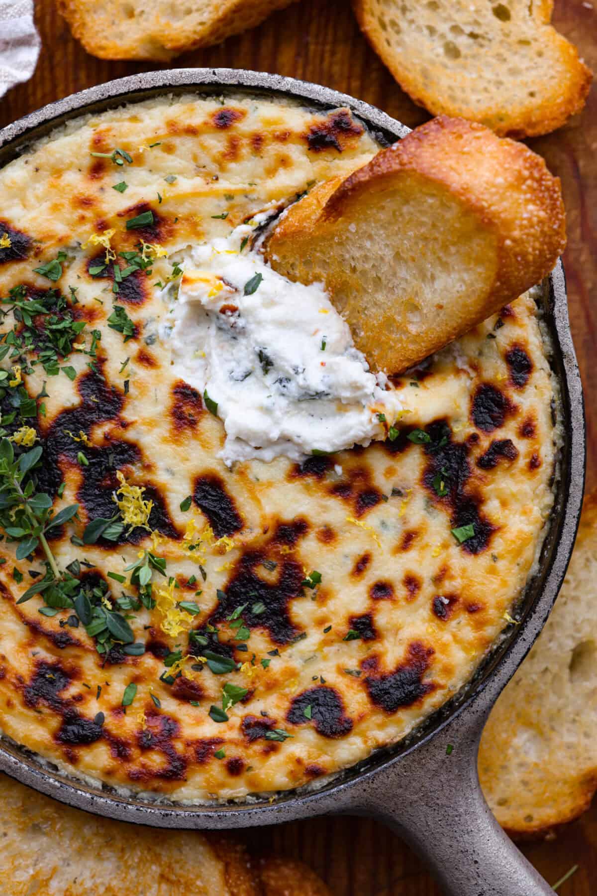 Irresistible Baked Ricotta Dip is the perfect party appetizer! It takes just minutes to combine creamy ricotta cheese with parmesan, fresh herbs, and lemon zest. Then, bake until bubbly and delicious, and get ready for an explosion of flavor! Close up shot of baked ricotta dip with crostini.