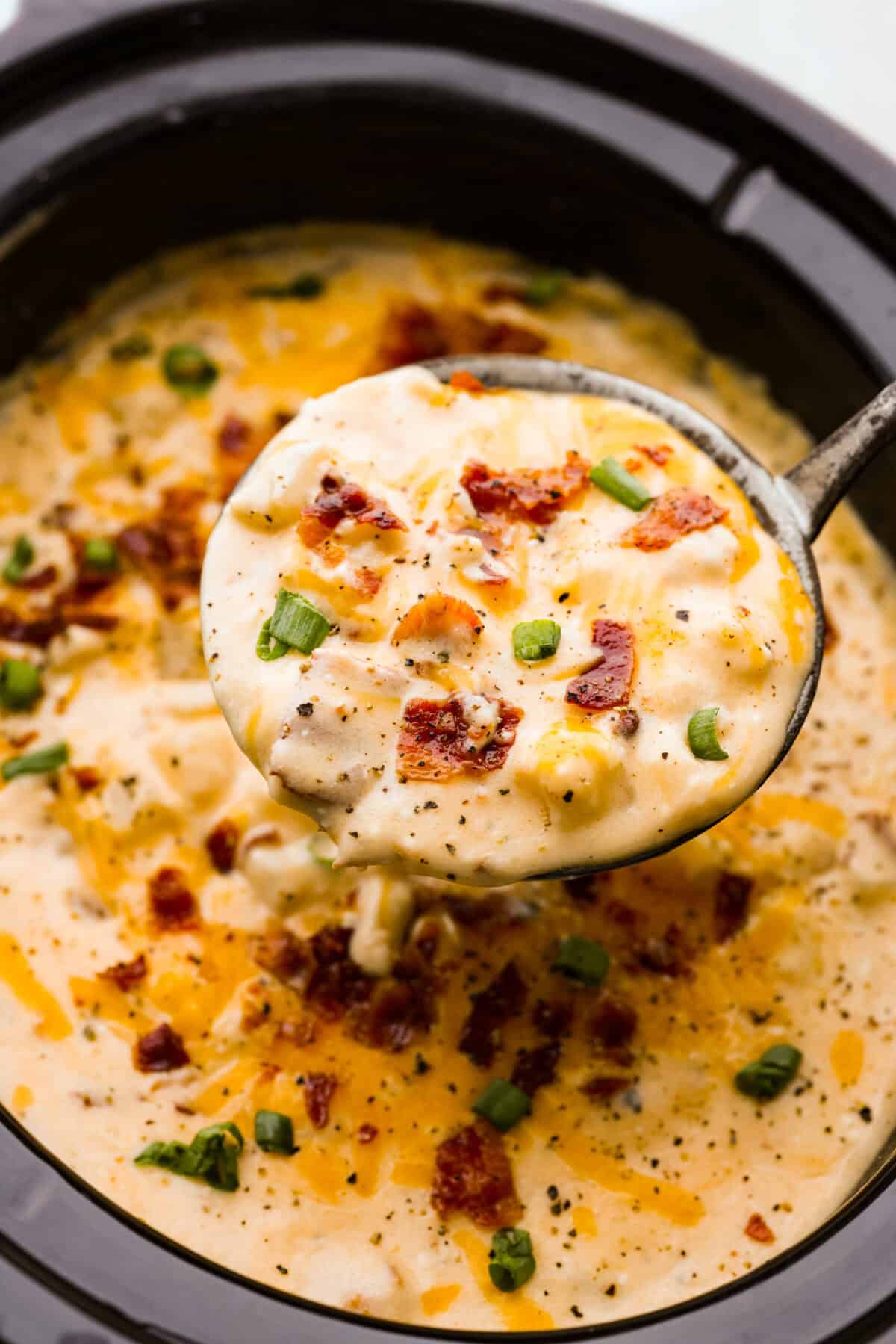 This crock pot crack potato soup is the best and easiest soup you will ever make! It's loaded with creamy cheese, potatoes, hearty chicken, and savory bacon, all seasoned to perfection! Your family will love smelling this cooking when they get home from school! They will like how it tastes even better! Overhead shot of a ladle filled with crock pot crack potato soup.
