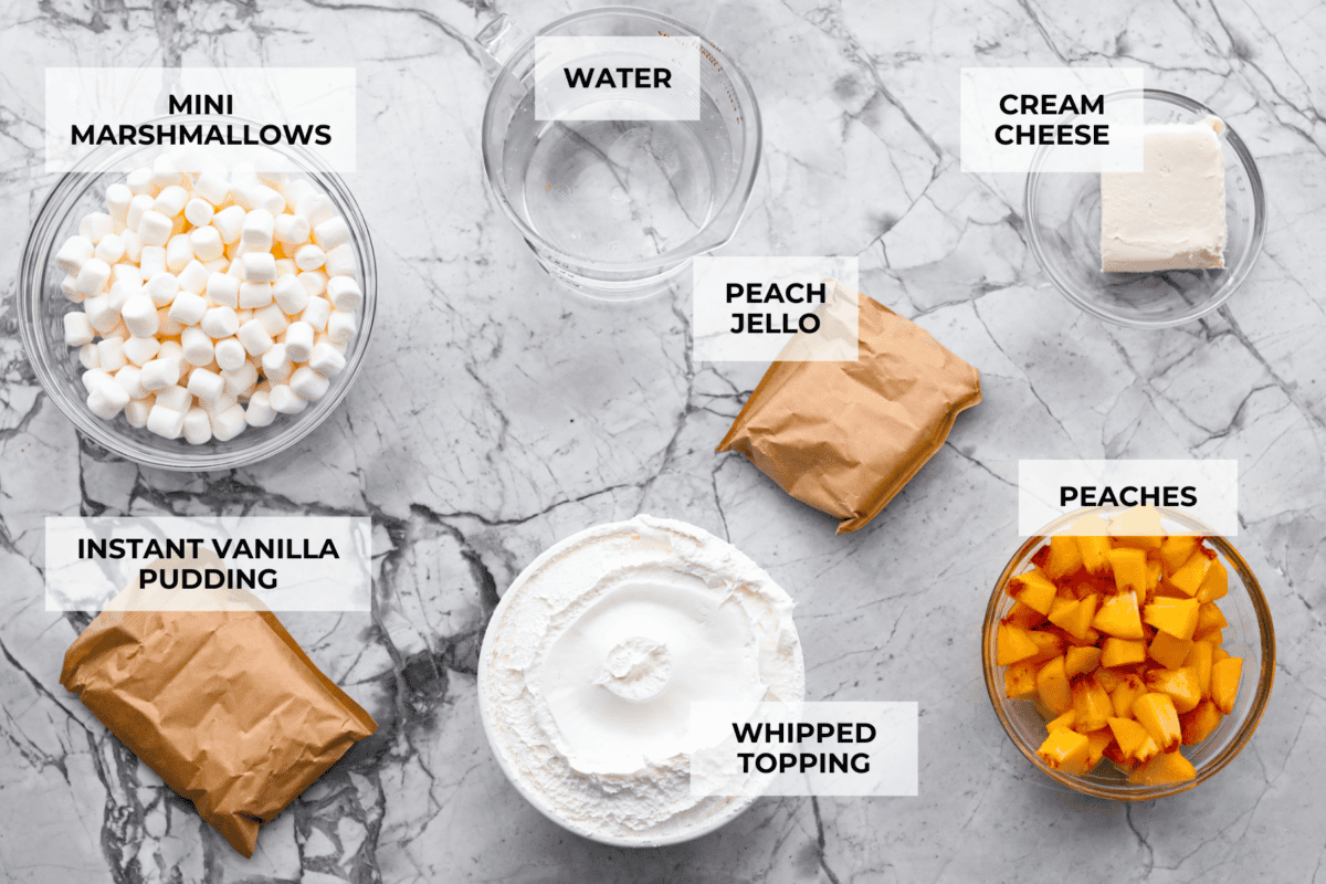 It's peach season which means you have to make this Peach Fluff Salad! It's a creamy, fruity dessert that hits all the right notes and is packed with fresh peaches! A top down shot of all of the ingredients laid out on the counter and individually labeled.