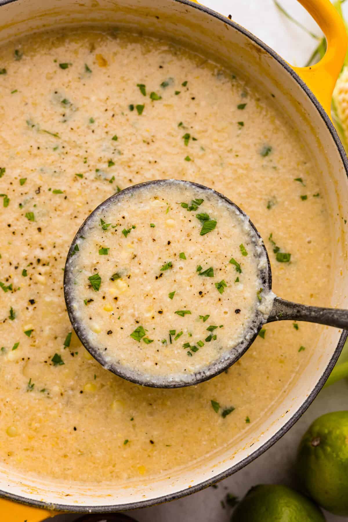 Mexican street corn soup has all the incredible flavors of street corn in a warm, comforting, delicious soup. This soup has fresh corn, lots of cotija cheese, spices, cilantro, lime juice, and sour cream to make it smooth and creamy. Overhead shot of Mexican street corn in a pot with a ladle.