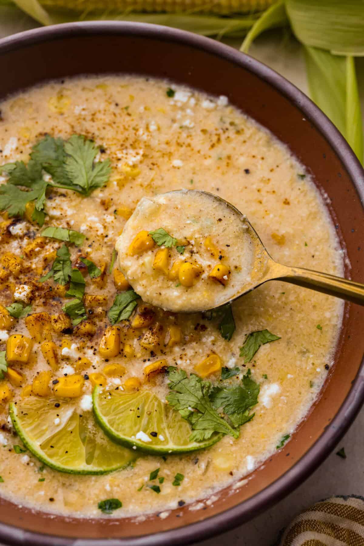Mexican street corn soup has all the incredible flavors of street corn in a warm, comforting, delicious soup. This soup has fresh corn, lots of cotija cheese, spices, cilantro, lime juice, and sour cream to make it smooth and creamy. Close up shot of Mexican street corn in a bowl with a spoon.