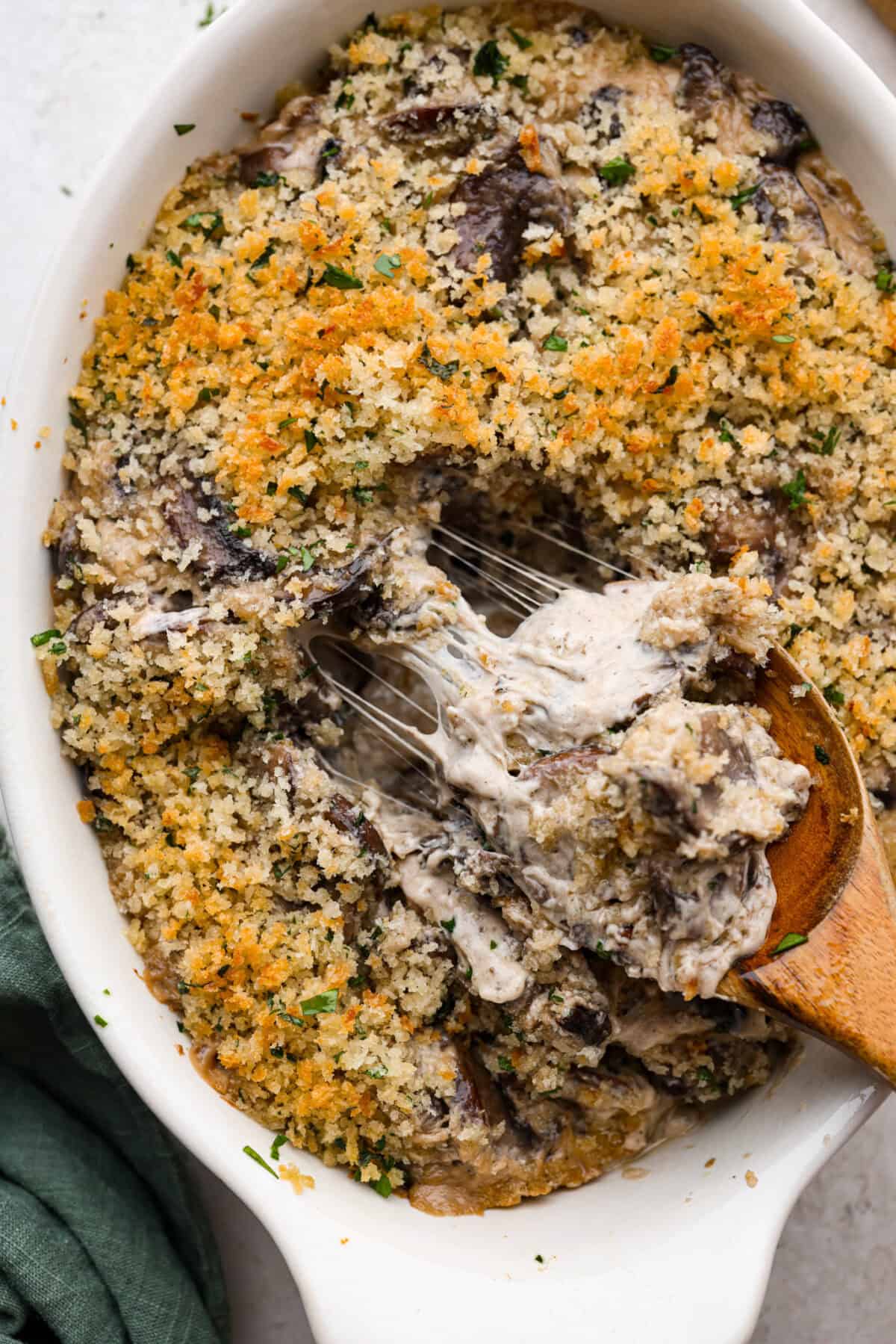 This creamy Mushroom Casserole is an impressive side dish to any meal! It's loaded with tender mushrooms mixed in a cheesy decadent sauce, then baked with a panko herb topping. Close view of a spoon lifting up a cheesy spoonful of mushroom casserole.