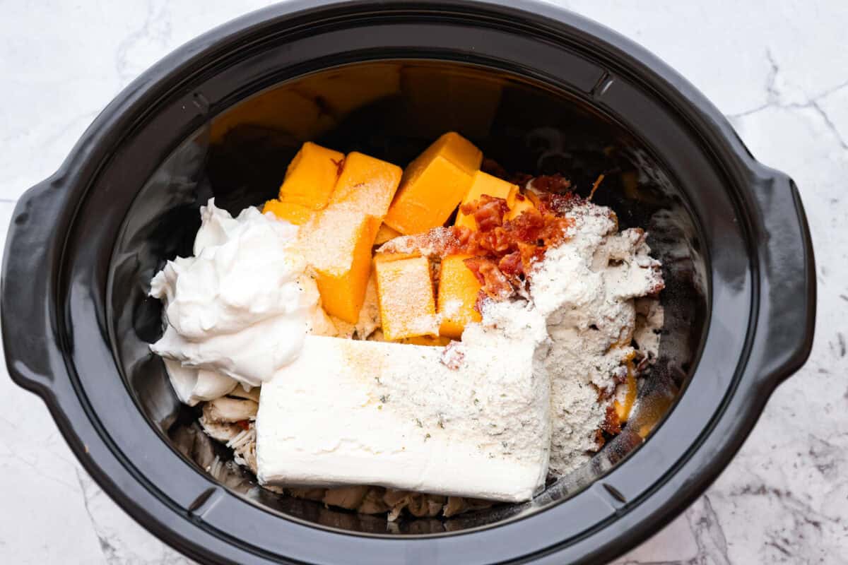 Get ready to be obsessed with this slow cooker crack chicken dip! The combination of chicken, cream cheese, Velveeta, bacon, and ranch seasoning creates an addicting snack that's perfect for holiday gatherings, game days, and parties! Overhead shot of all of the ingredients dumped in a slow cooker.