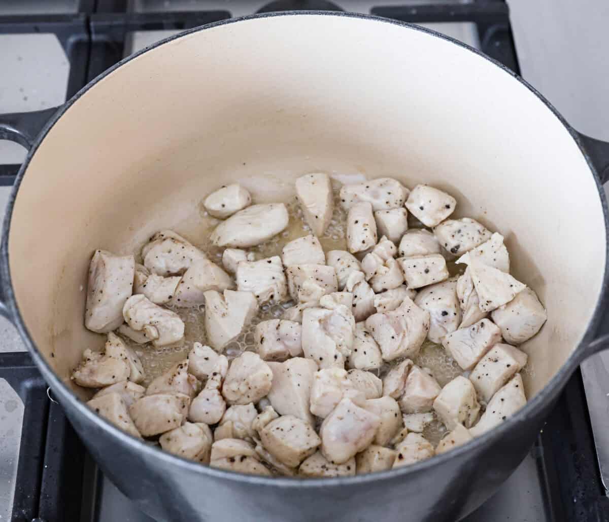 Comforting White Lasagna Soup is warm, creamy, and packed with rich flavors. With its hearty mix of chicken, noodles, white beans, and cheese, it’s a guaranteed crowd-pleaser. Deconstructed white lasagna in a satisfying soup! Overhead shot of chicken cooking in a pot.