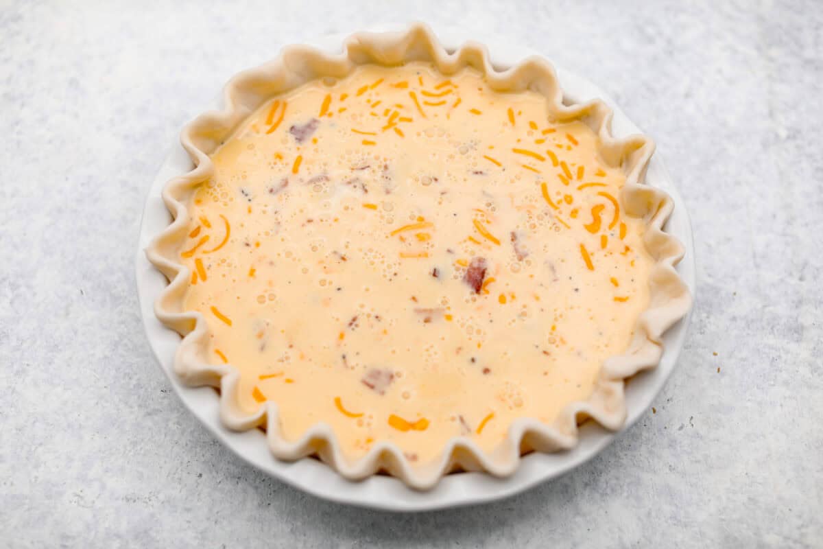 Overhead shot of the cowboy quiche ready to go into the oven.