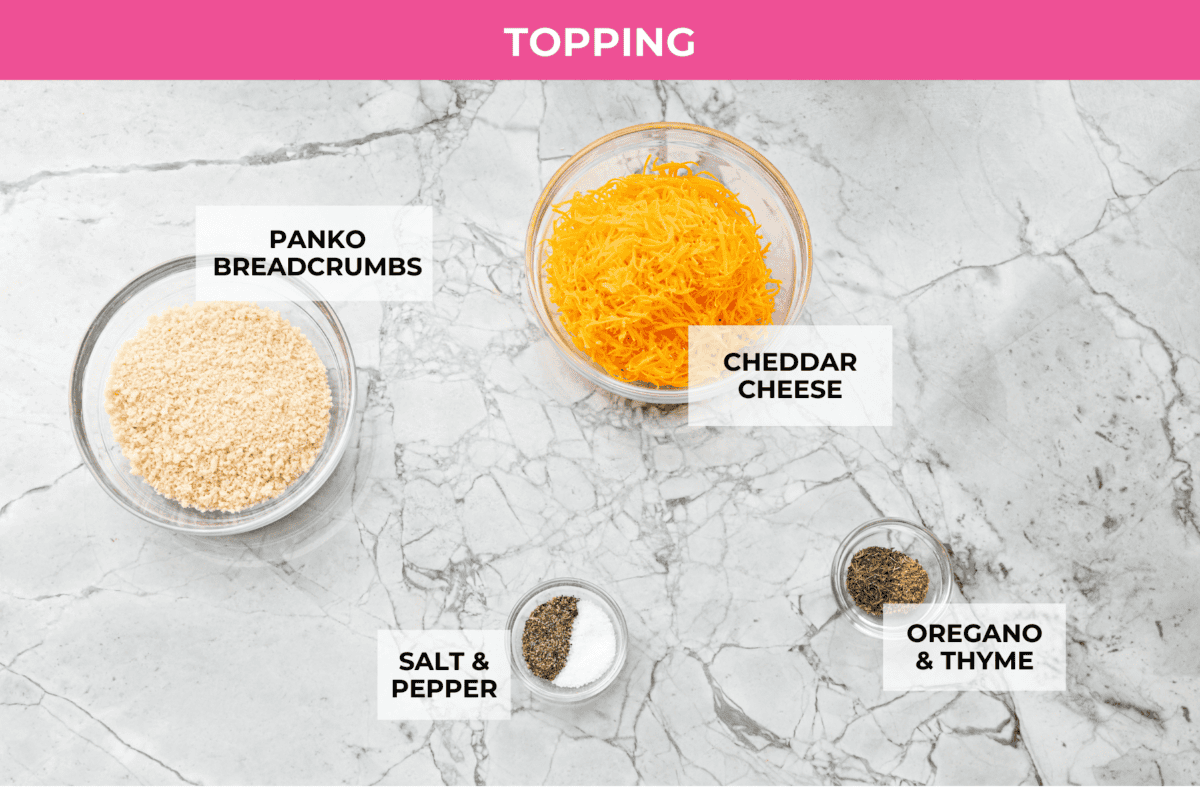 Angel Chicken and Rice Casserole is a creamy, cheesy, comforting classic. Tender chicken is folded into fluffy rice smothered in a savory cream sauce. The top has the most perfectly toasty cheesy crunch. You're going to love it! Overhead shot of labeled topping ingredients.