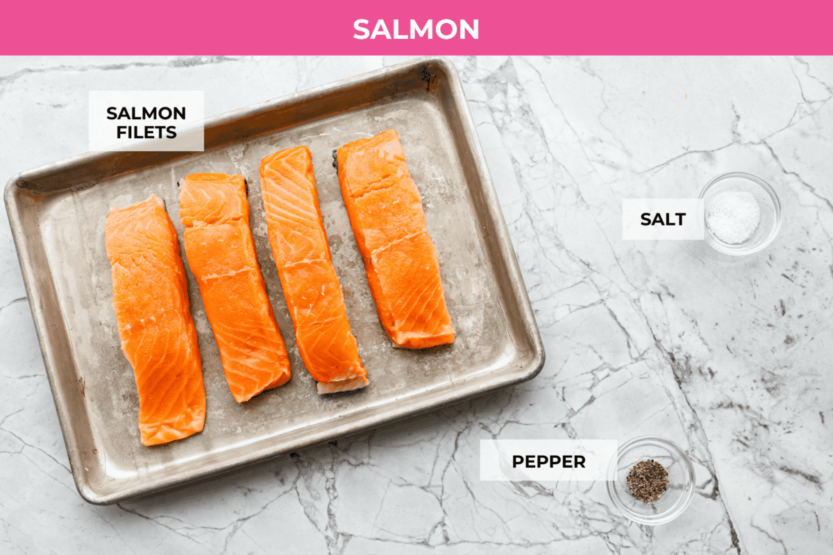 Bang Bang Salmon takes salmon filets, smothers them in bang bang sauce that is sweet with a kick, and then baked to perfection. You will love this simple yet oh-so-tasty dinner that can be ready to serve in less than 30 minutes! Overhead shot of labeled salmon ingredients.