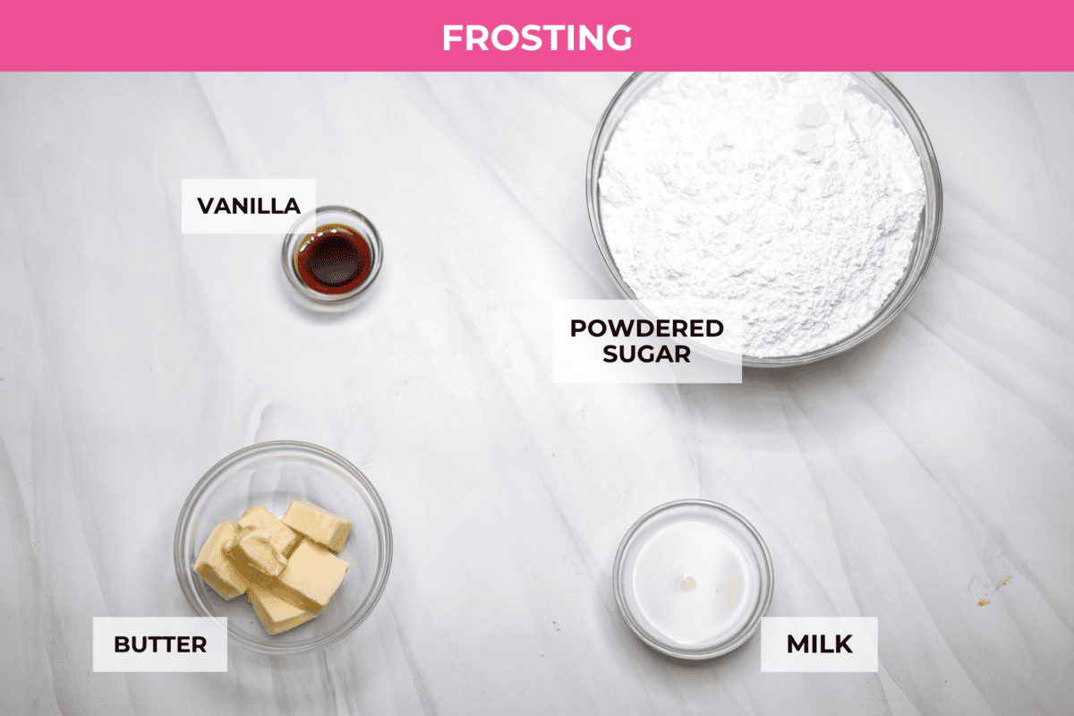 Browned Butter Sheet Cake is the perfect blend of moist, sweet, and irresistibly nutty. With the rich, caramel-like flavor of browned butter baked into every bite, this cake is a treat for anyone who loves a touch of warmth in their desserts. Overhead shot of labeled frosting ingredients.