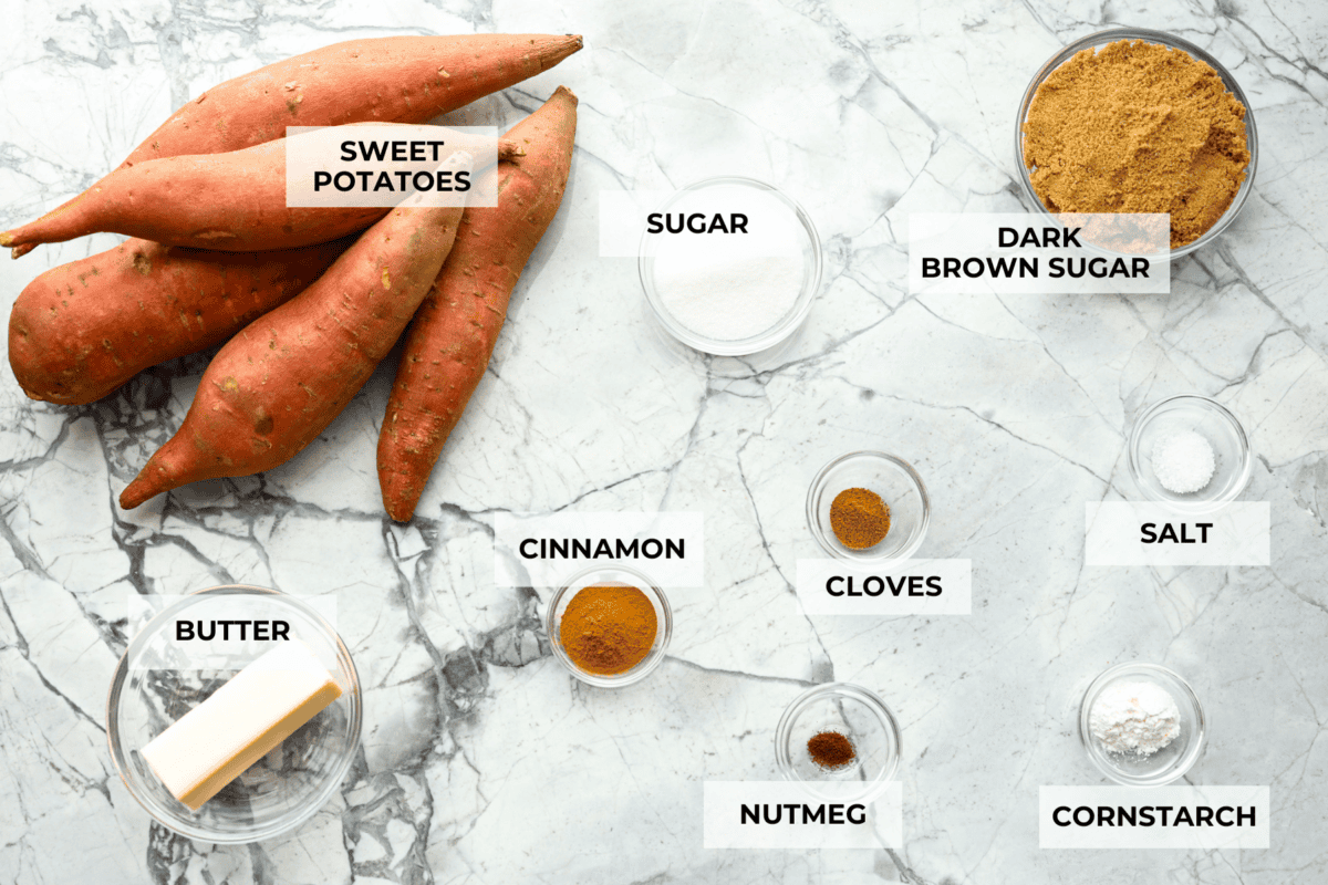 Baked candied yams are one of my favorite Thanksgiving side dishes. The succulent potato texture mixed with the sweet brown sugar spiced sauce, baked to candy perfection, tastes incredible. Overhead shot of labeled ingredients.