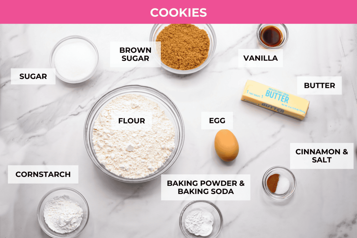 You will absolutely adore these Coffee Cake Cookies! They are loaded with that classic cinnamon sugar flavor, and the crumbly cinnamon streusel is to die for. It’s the perfect treat to enjoy at a special brunch, for the holidays, or a sweet treat for any night of the week. Overhead shot of labeled coffee cake cookie dough ingredients.