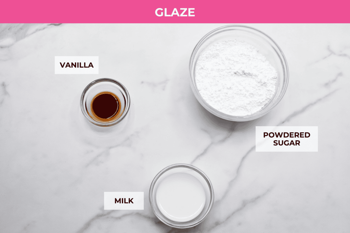 You will absolutely adore these Coffee Cake Cookies! They are loaded with that classic cinnamon sugar flavor, and the crumbly cinnamon streusel is to die for. It’s the perfect treat to enjoy at a special brunch, for the holidays, or a sweet treat for any night of the week. Overhead shot of labeled glaze ingredients.