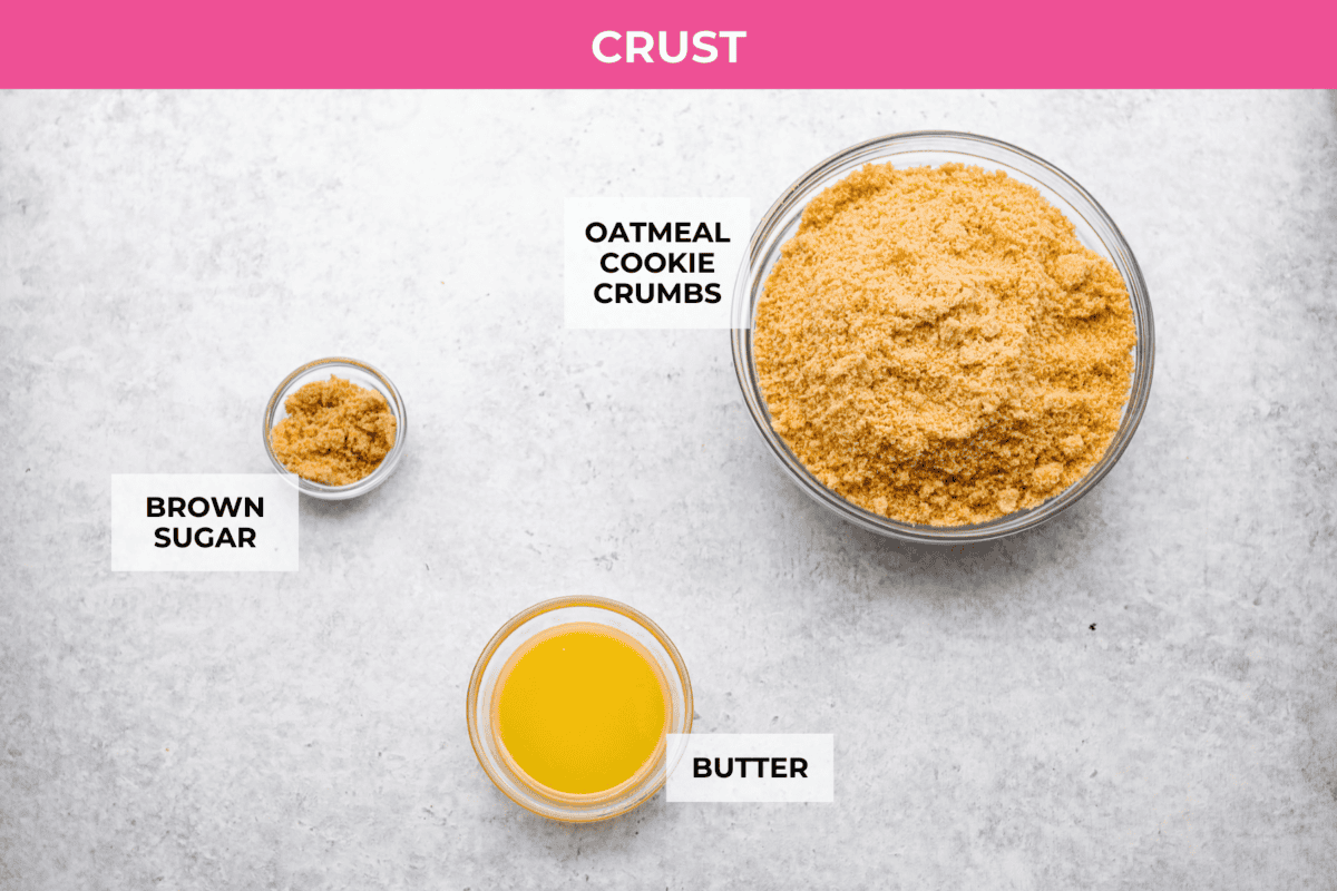 Delicious and addicting, the famous Crack Pie is what made Milk Bar bakery so popular. This copycat recipe is made with a sweet and salty filling tucked inside a crispy oat cookie crust. It’s so good you won’t be able to stop eating it! Overhead shot of labeled crust ingredients.