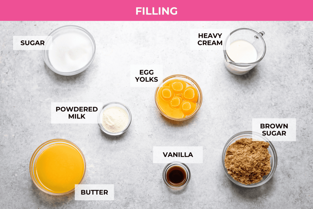 Delicious and addicting, the famous Crack Pie is what made Milk Bar bakery so popular. This copycat recipe is made with a sweet and salty filling tucked inside a crispy oat cookie crust. It’s so good you won’t be able to stop eating it! Overhead shot of labeled filling ingredients.