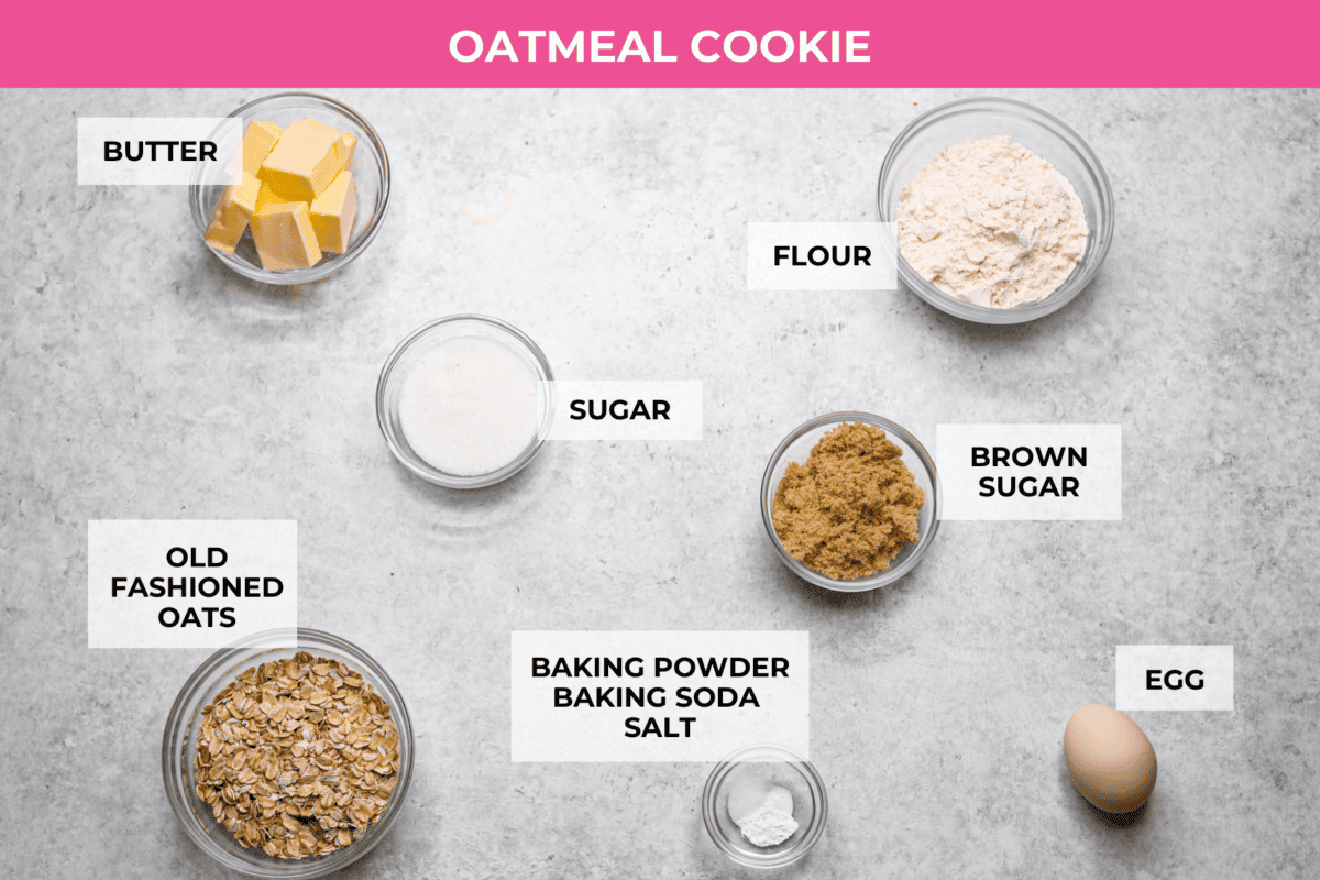 Delicious and addicting, the famous Crack Pie is what made Milk Bar bakery so popular. This copycat recipe is made with a sweet and salty filling tucked inside a crispy oat cookie crust. It’s so good you won’t be able to stop eating it! Overhead shot of labeled oatmeal cookie ingredients.