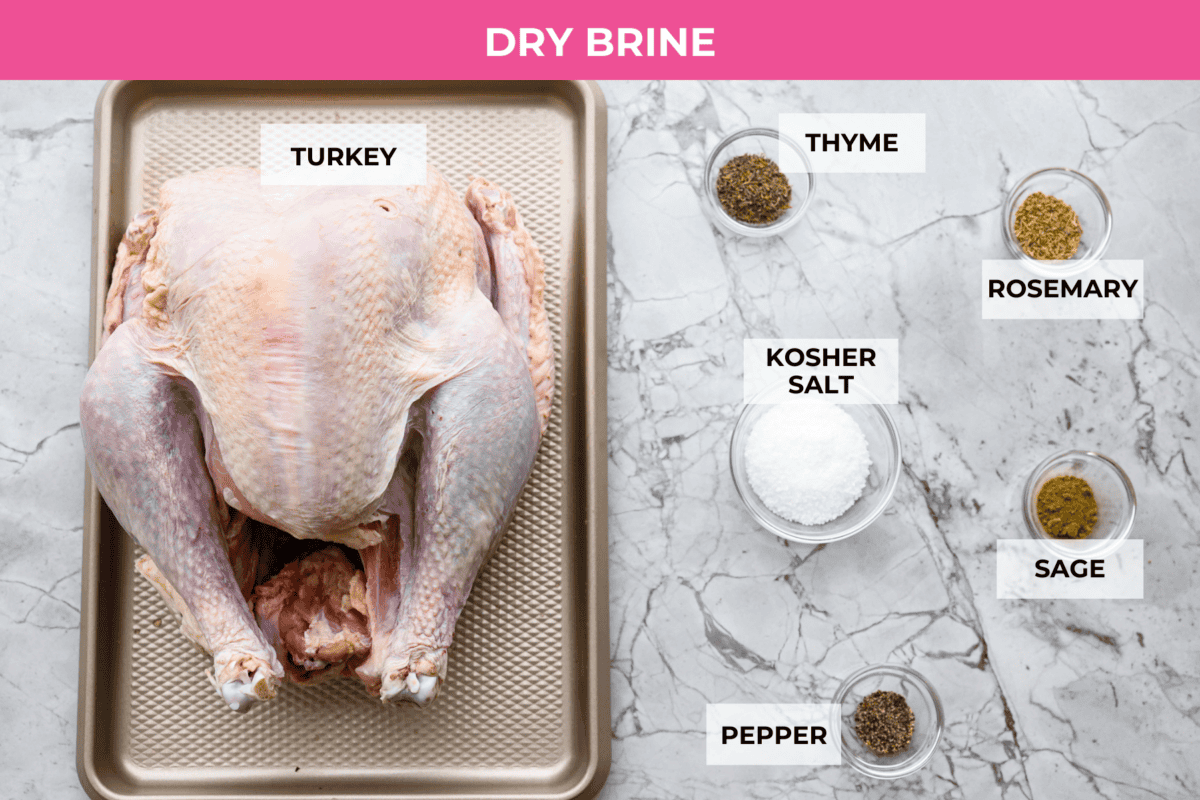 When you dry brine your turkey, you end up with a beautifully browned bird with crispy skin on the outside and juicy, flavorful meat on the inside! It will for sure be one of the most flavorful, moist turkeys you've ever had! Overhead shot of labeled dry brine ingredients.