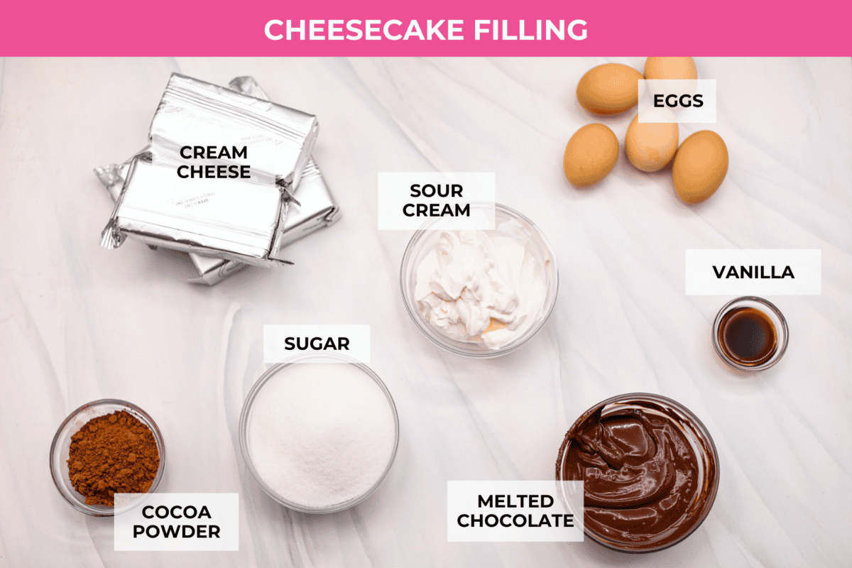 German Chocolate Cheesecake is a rich and impressive dessert! It has an Oreo cookie crust, a chocolate cheesecake filling, and a classic German chocolate topping to finish it off! The gooey coconut pecan topping takes this cheesecake to the next level! Ingredients listed to make the cheesecake filling.