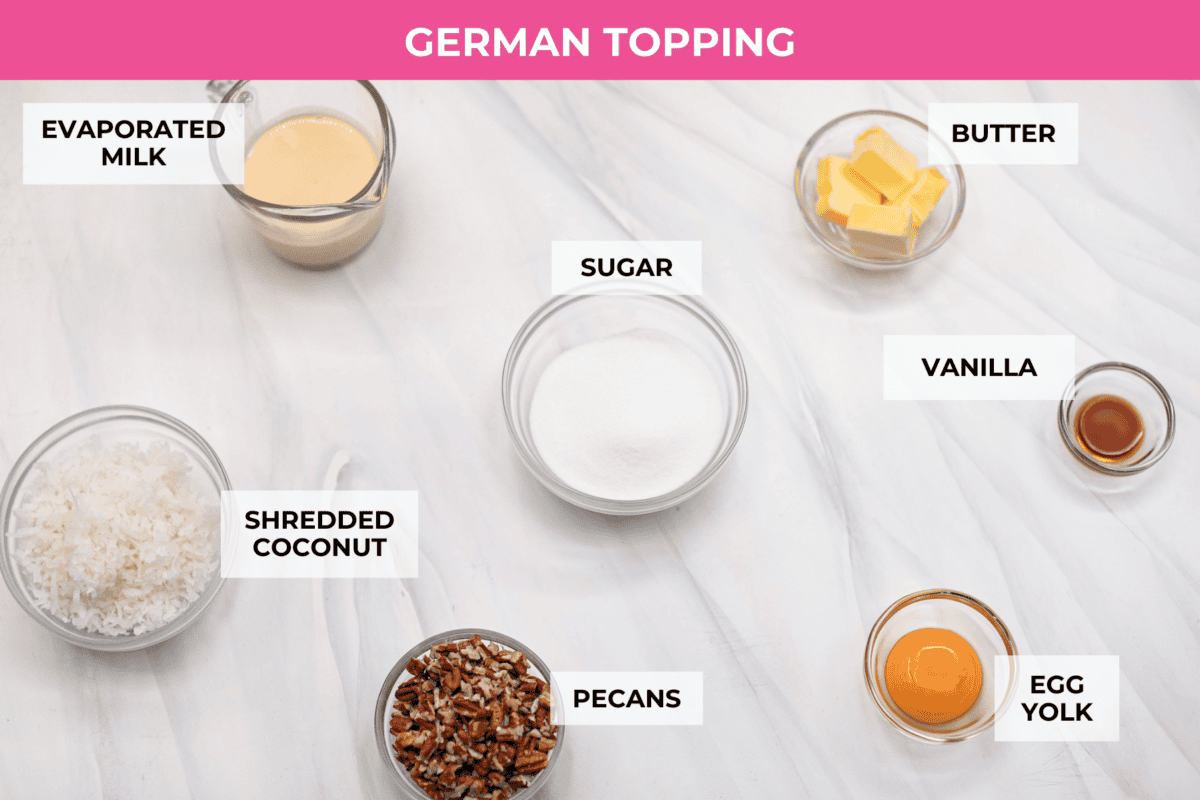 German Chocolate Cheesecake is a rich and impressive dessert! It has an Oreo cookie crust, a chocolate cheesecake filling, and a classic German chocolate topping to finish it off! The gooey coconut pecan topping takes this cheesecake to the next level! Ingredients listed to make German topping for the German chocolate cheesecake.