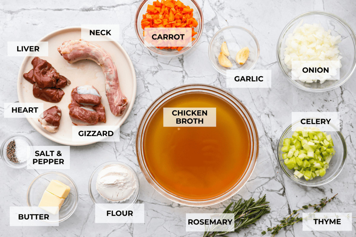 Giblet gravy is a labor of love, but the flavor is unmatched! Using the turkey's neck, gizzard, heart, liver, and drippings, you can make the best gravy you've ever had! It will be the perfect complement to your holiday turkey dinner. Overhead shot of labeled ingredients.