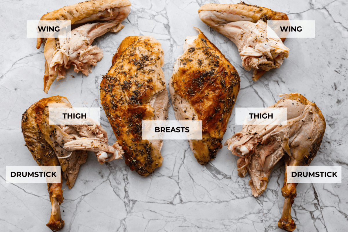 Learning how to carve a turkey is easier than you think! My step-by-step tutorial is here to help you along the way. Impress your guests with your beautifully carved turkey. Top view of all the turkey pieces removed and labeled.