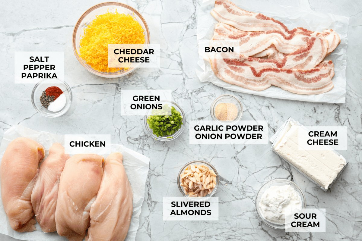 Million Dollar Chicken features juicy baked chicken topped with a creamy, cheesy layer that’s bursting with flavor. The crispy bacon and crunchy almonds really take this to the next level. Enjoy with rice, pasta, vegetables, or any of your favorite sides! Overhead shot of labeled ingredients.
