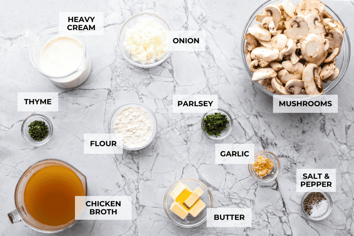 Mushroom bisque is full of cream and garlic-infused mushrooms, all blended to make a thick, rich, and beyond flavorful soup! You will want to drink this straight from your bowl! Overhead shot of labeled ingredients.