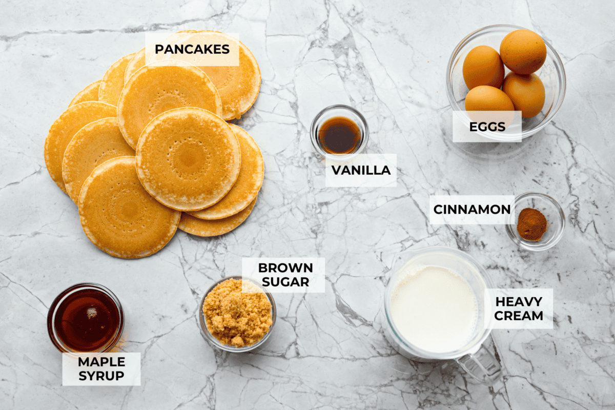 Pancake Casserole is a fun new Christmas or Easter breakfast idea. It has lots of buttery pancakes soaked overnight in a creamy custard, is baked to perfection, and served with your favorite toppings! Overhead shot of labeled ingredients.