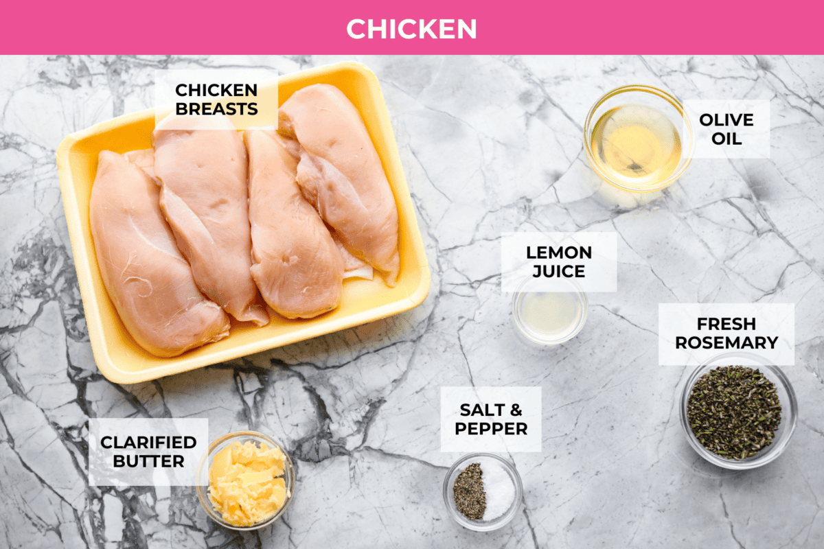 Rosemary Chicken is an incredibly simple yet flavorful dish you can whip up in no time. The infusion of butter with savory shallots, bright lemon juice, fresh rosemary, and tender seared chicken is an explosion of flavor. Overhead shot of labeled chicken ingredients.
