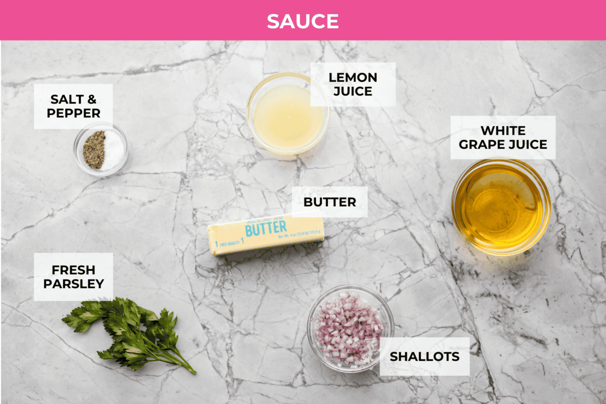 Rosemary Chicken is an incredibly simple yet flavorful dish you can whip up in no time. The infusion of butter with savory shallots, bright lemon juice, fresh rosemary, and tender seared chicken is an explosion of flavor. Overhead shot of labeled sauce ingredients.
