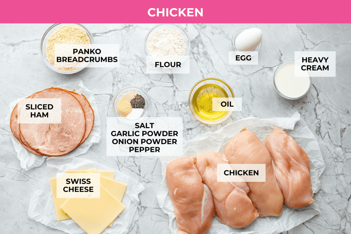 Skillet chicken cordon bleu is one of those recipes my whole family loves. You can't beat the creamy sauce, crispy chicken, and smokey ham, all covered in melty Swiss cheese. Overhead shot of labeled chicken ingredients.