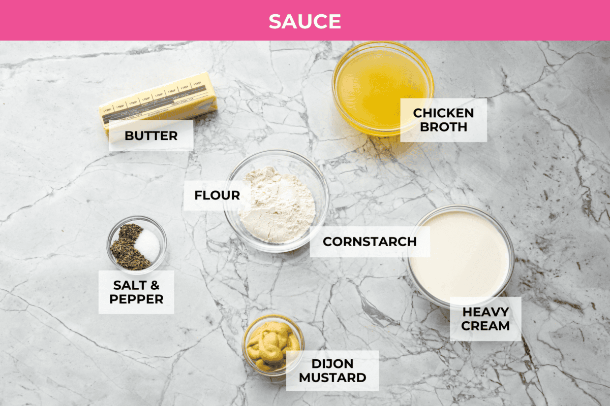Skillet chicken cordon bleu is one of those recipes my whole family loves. You can't beat the creamy sauce, crispy chicken, and smokey ham, all covered in melty Swiss cheese. Overhead shot of labeled sauce ingredients.