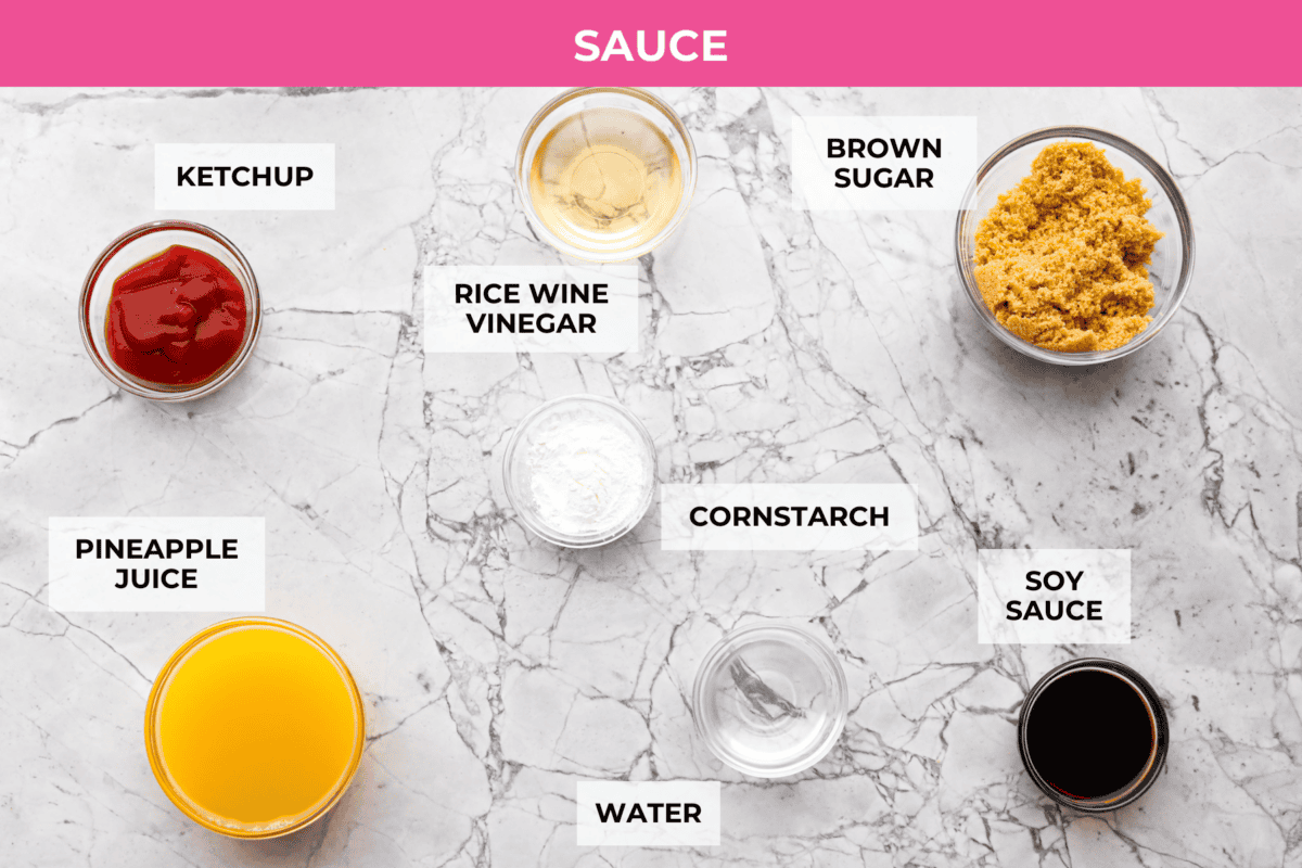 These sweet and sour wings are the perfect appetizer to serve for your next party, game day, or after-school snack. They are baked to crispy perfection and then doused in a sticky, sweet, and sour sauce. Overhead shot of labeled sauce ingredients.