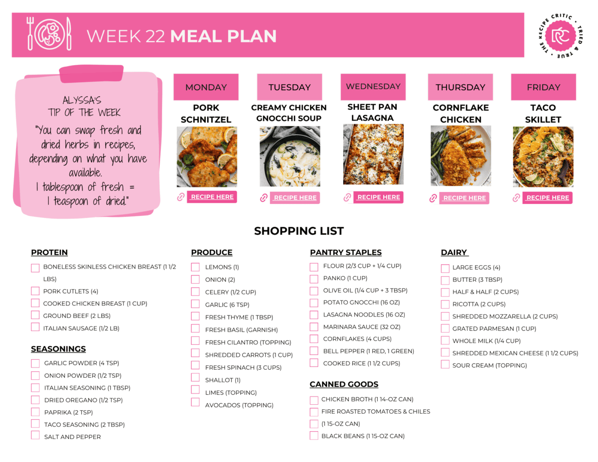 This weeks meals are classics! You can make just about any side to go with them and the kids will love them all. My favorite is the sheet pan lasagna! It's so easy to make! A pdf of the shopping list for the week.