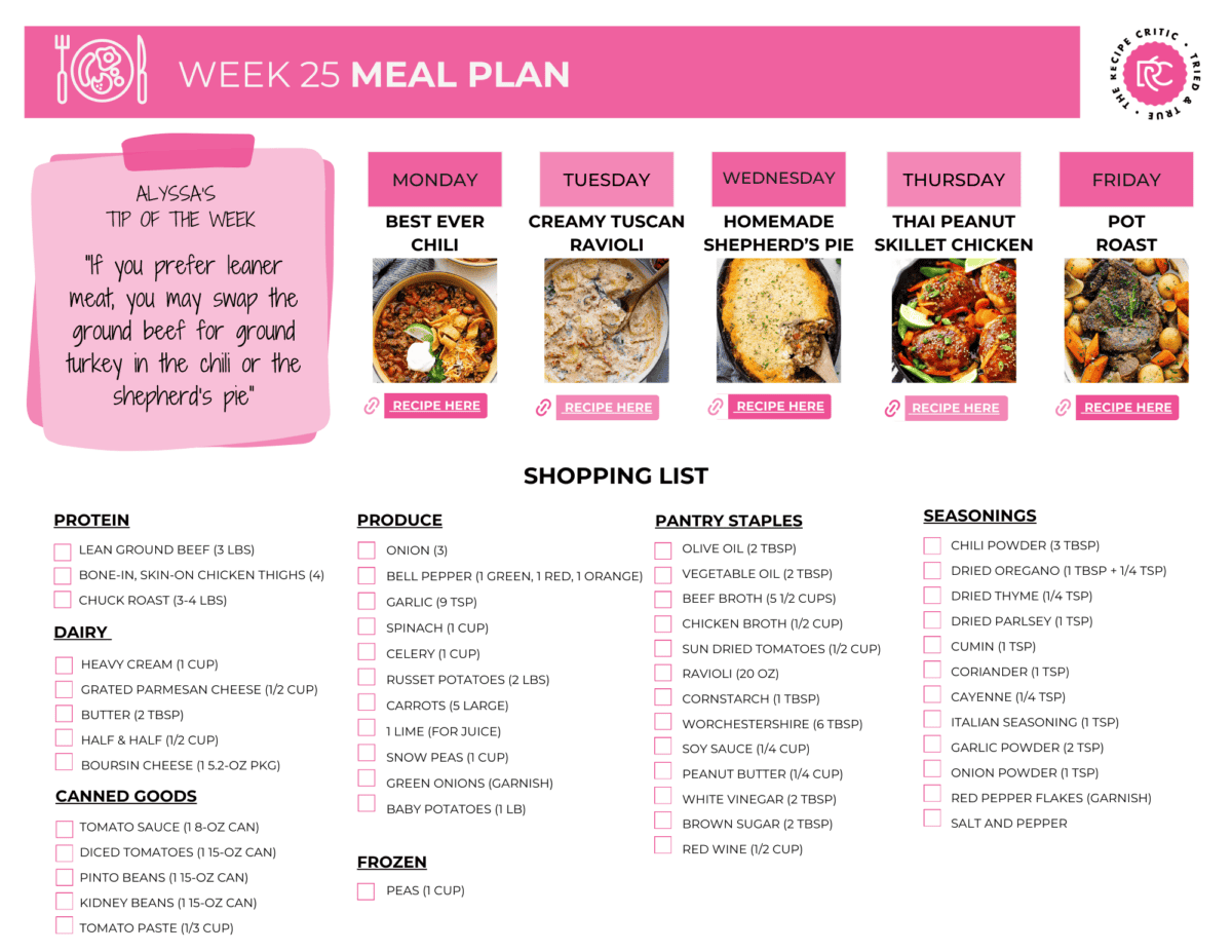 In this weekly menu plan, I've included some fall classics like my Best Ever Chili Recipe! Even your kiddos will love it! You can check out all of my weekly menu plans here. A pdf of a meal plan with recipes and shipping list.