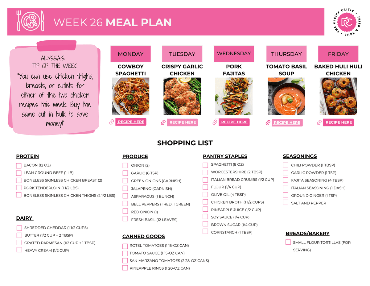 This weeks meal plan has some great flavors! I know that huli huli chicken is traditionally grilled but I added in my baked huli huli chicken recipe to this weeks plan that you can bake all year long! A pdf of a printable meal plan with shopping list.