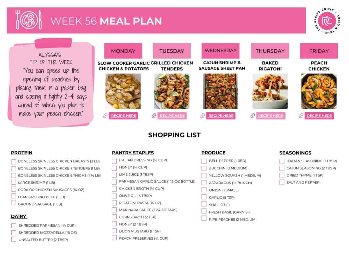 If youโre dreaming of calmer evenings and meals everyone actually enjoys, this weekly meal plan is for you. Print the shopping list, stock up, and get ready for comforting, easy recipes that make dinnertime feel good again. Image of the weekly meal plan's printable shopping list.