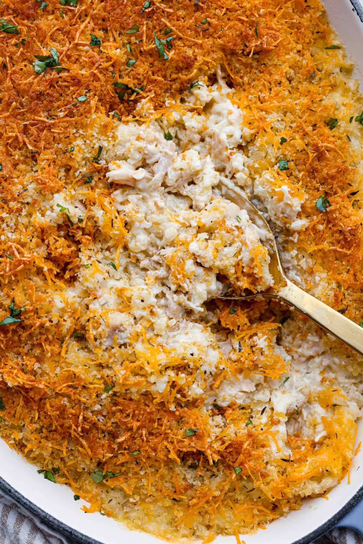 Angel Chicken and Rice Casserole is a creamy, cheesy, comforting classic. Tender chicken is folded into fluffy rice smothered in a savory cream sauce. The top has the most perfectly toasty cheesy crunch. You're going to love it! Close up shot of angel chicken and rice casserole with a serving spoon taking out a scoop.