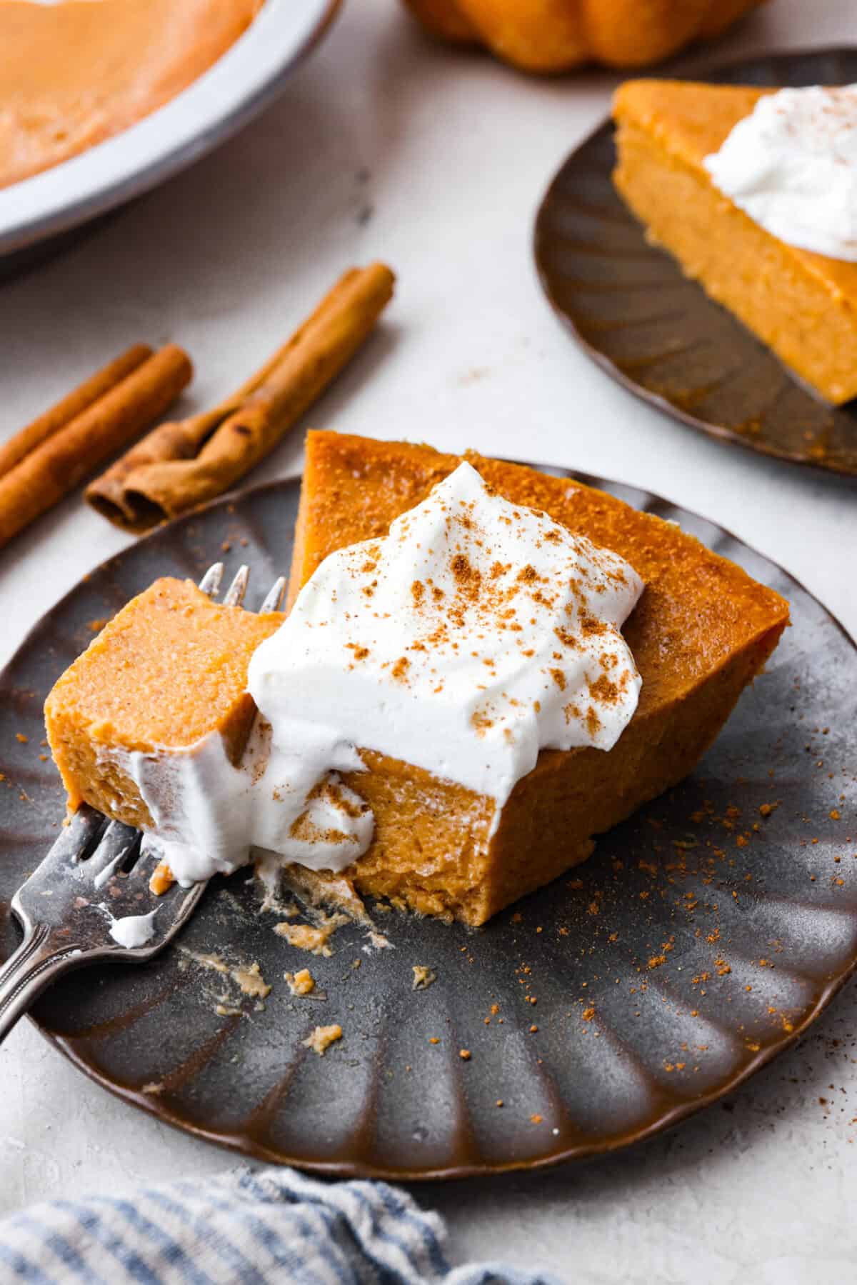 Crustless pumpkin pie has rich spices, creamy pumpkin, and a perfectly smooth texture. The custard holds its shape beautifully. Whether you're keeping things simple or exploring a gluten-free option, this pie gives all the nostalgic vibes of the classic. Angle shot of a plated slice of crustless pumpkin pie with whipped topping and a bite taken out.