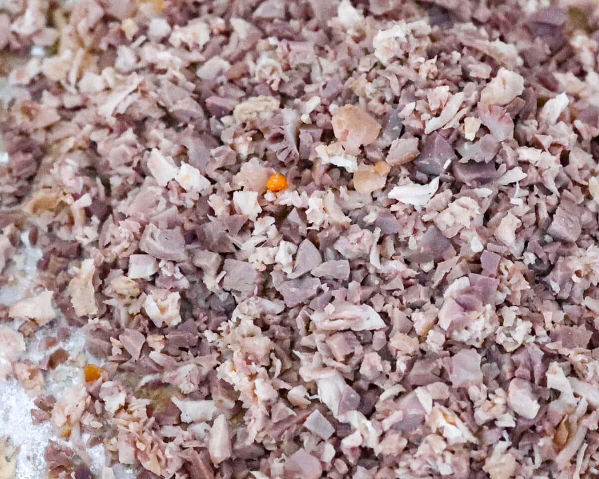 Giblet gravy is a labor of love, but the flavor is unmatched! Using the turkey's neck, gizzard, heart, liver, and drippings, you can make the best gravy you've ever had! It will be the perfect complement to your holiday turkey dinner. Close up shot of finely diced giblet pieces.