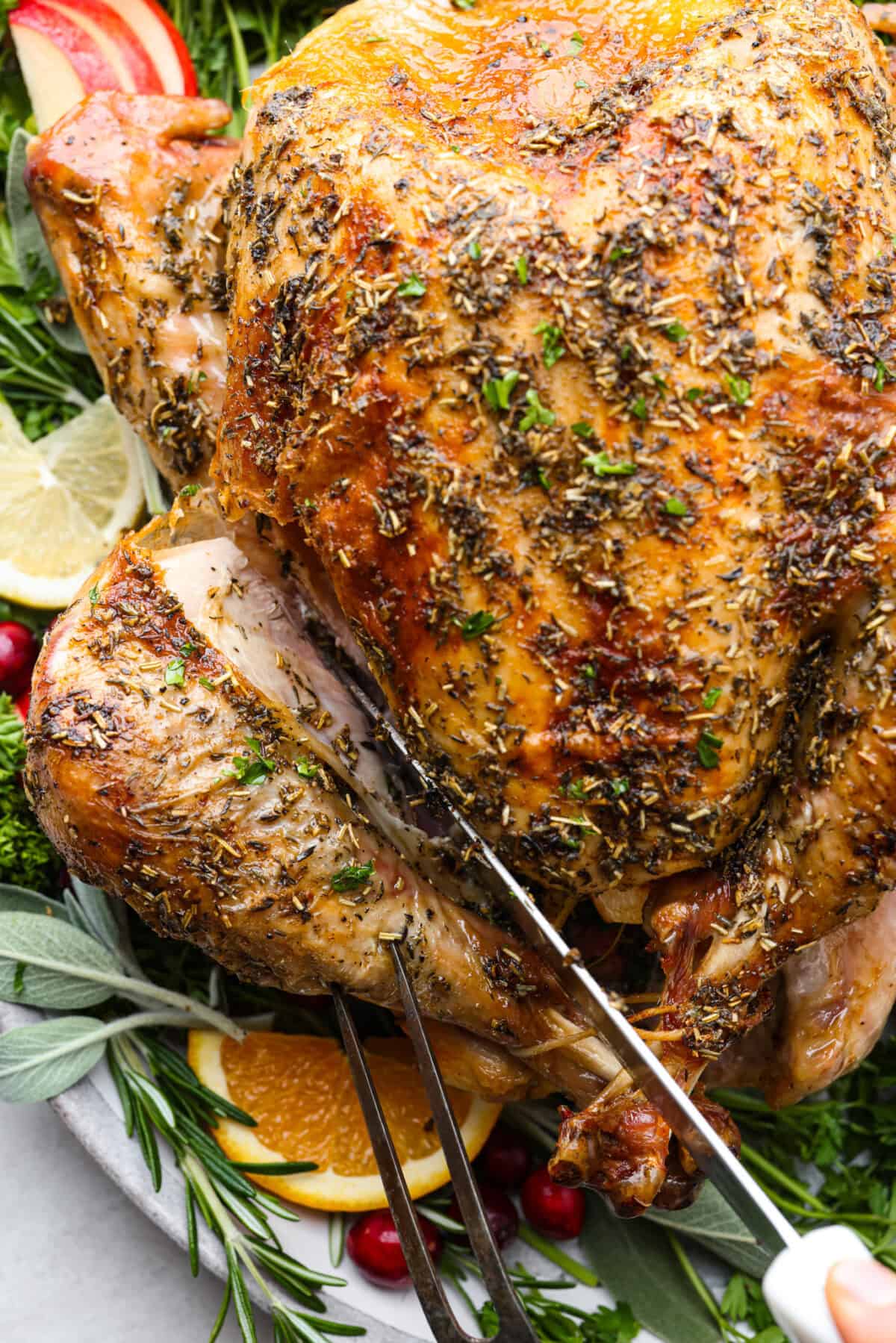 Learning how to carve a turkey is easier than you think! My step-by-step tutorial is here to help you along the way. Impress your guests with your beautifully carved turkey. Close view of a knife carving into a turkey.
