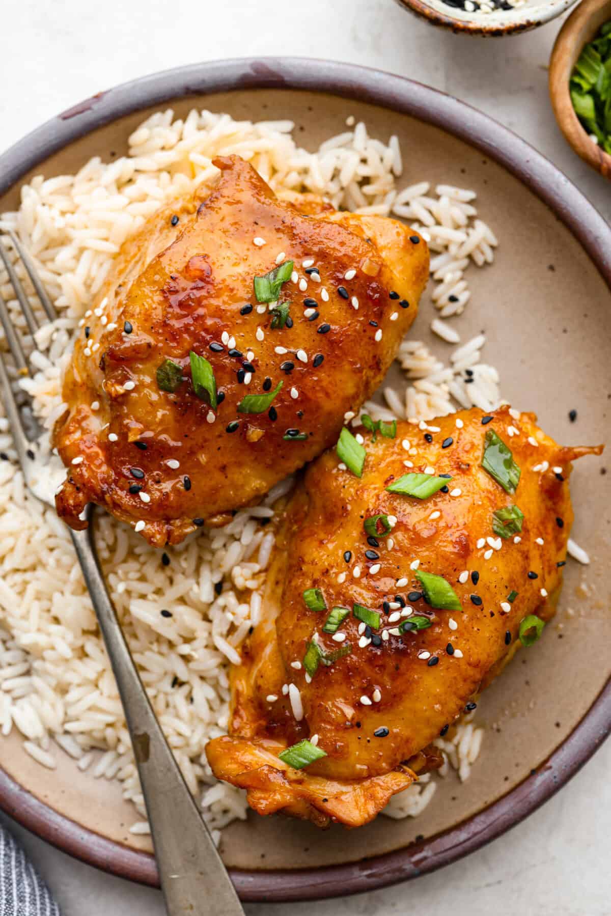 Miso chicken is super delicious and perfect for fans of bold Asian flavor. The skin crisps up, the meat stays juicy and tender, and the glaze caramelizes, creating a savory sauce perfect for drizzling over rice. Overhead shot of plated miso chicken over a bed or rice.
