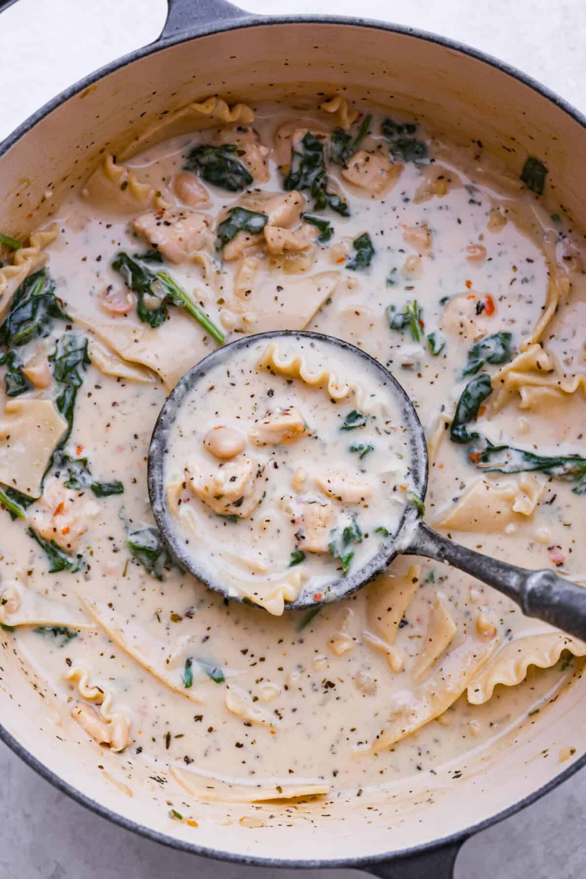 Comforting White Lasagna Soup is warm, creamy, and packed with rich flavors. With its hearty mix of chicken, noodles, white beans, and cheese, it’s a guaranteed crowd-pleaser. Deconstructed white lasagna in a satisfying soup! Overhead shot of white lasagna soup in a pot with a ladle.